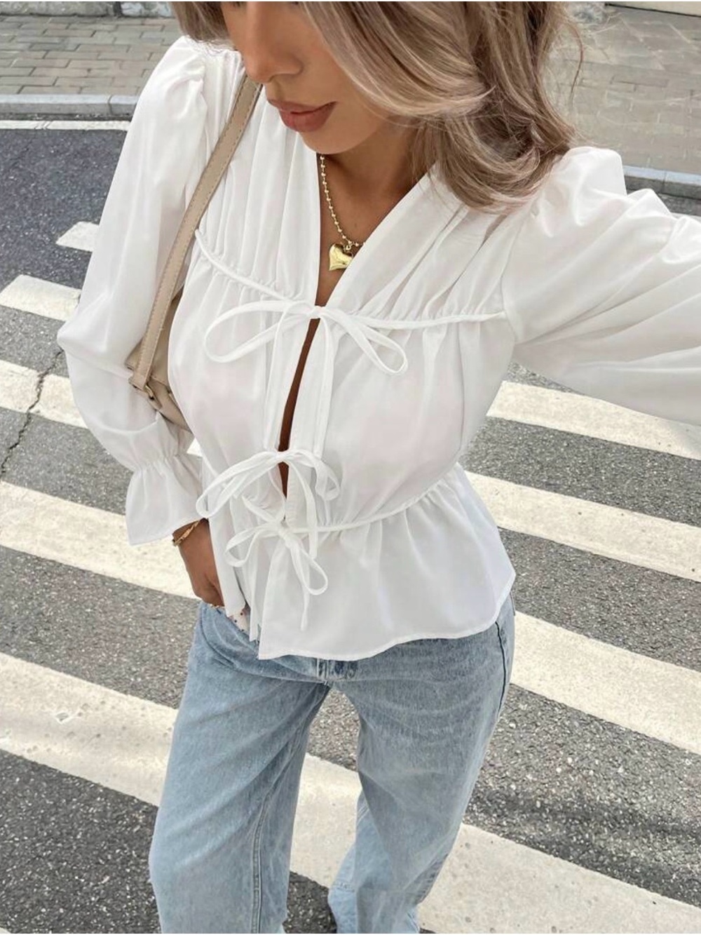 Women's White Tie-Front Peplum Blouse - Classic Feminine Top